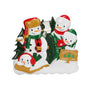 Tree farm snowman family of 4 ornament with two larger snowmen, two child snowmen, evergreen trees, and a Christmas tree sign.