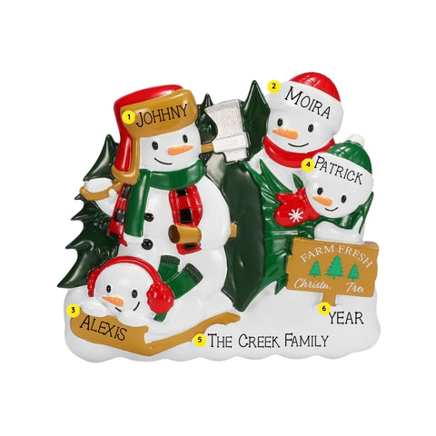 Personalized tree farm snowman family of 4 ornament with names on the hats, a family name on the snow, and space for a year.