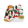 Tree farm snowman family of 5 ornament with two larger snowmen, three child snowmen, evergreen trees, and a Christmas tree sign.