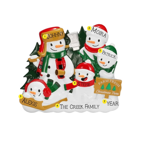 Personalized tree farm snowman family of 5 ornament with names on the hats and scarf, a family name on the snow, and space for a year.