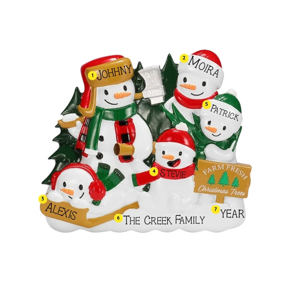 Personalized tree farm snowman family of 5 ornament with names on the hats and scarf, a family name on the snow, and space for a year.