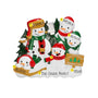 Personalized tree farm snowman family of 5 ornament with names on the hats and scarf, a family name on the snow, and space for a year.
