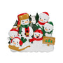 Tree farm snowman family of 6 ornament with two larger snowmen, four child snowmen, evergreen trees, and a Christmas tree sign.