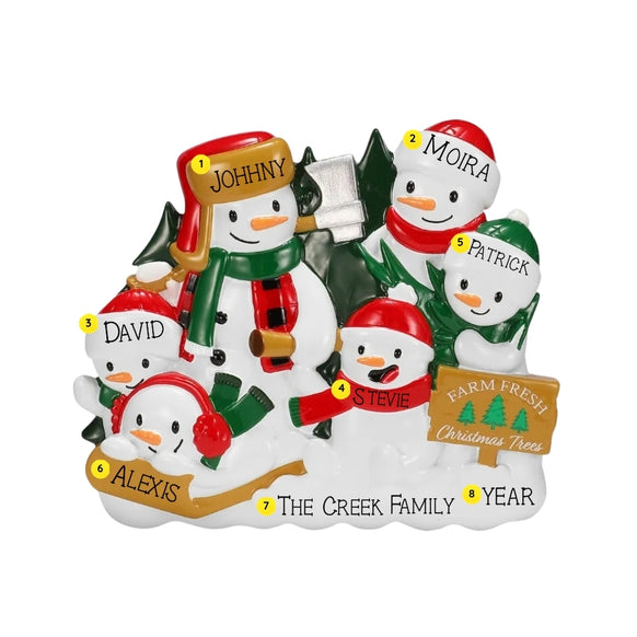 Personalized tree farm snowman family of 6 ornament with names on the hats, scarf, and sled, a family name on the snow, and space for a year.