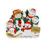 Personalized tree farm snowman family of 6 ornament with names on the hats, scarf, and sled, a family name on the snow, and space for a year.