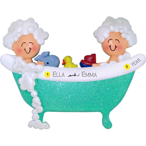 Decorative ornament of two children in a bathtub with bath toys, personalized with names and YEAR.