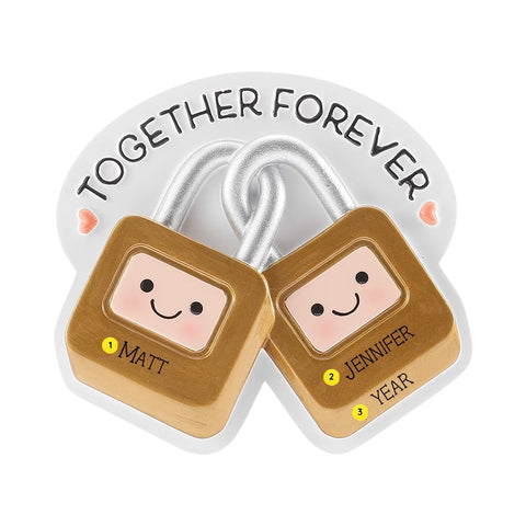 Personalized two locks together forever couple ornament with names on the gold locks and year placement on one lock.
