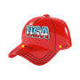 Personalized USA red baseball cap ornament with a name on the brim and the year written on the side of the cap.