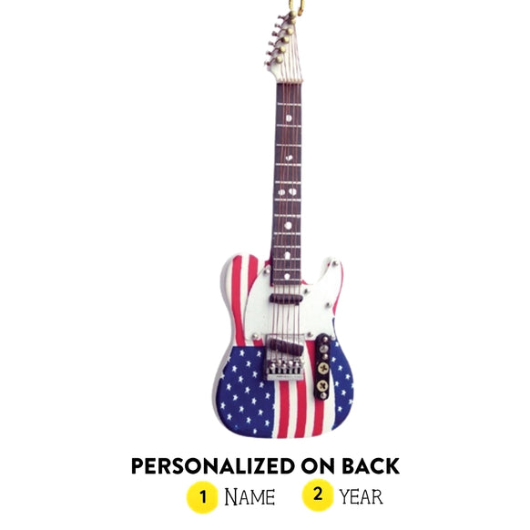 Personalized American flag electric guitar ornament shown with name and year on back option graphic