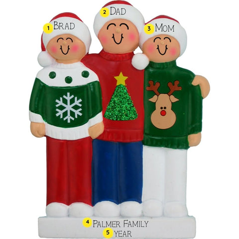 Personalized Christmas ornament of a family of three wearing festive sweaters with tree, snowflake, and reindeer designs.