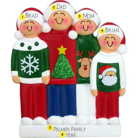Personalized Christmas family ornament with names and festive clothing.