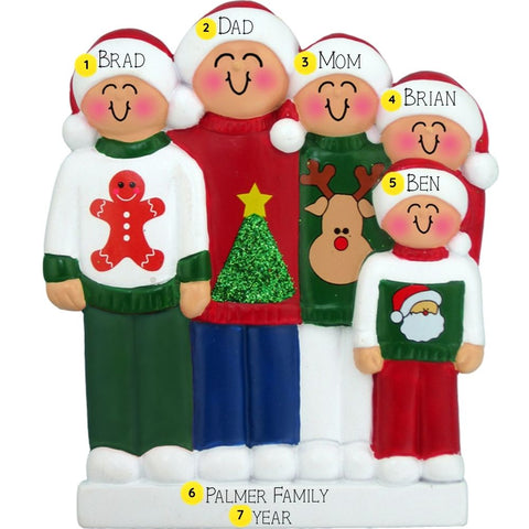 Personalized Christmas family ornament with five members wearing festive sweaters.