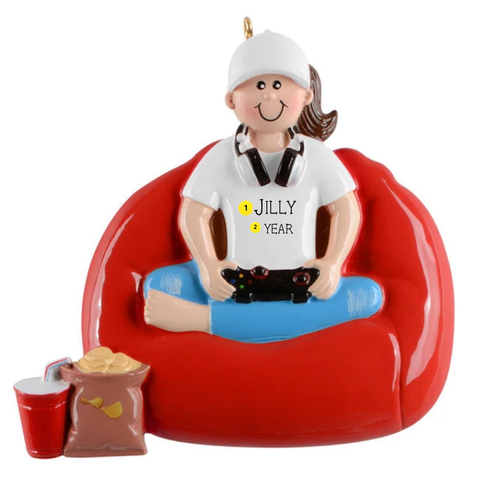 Personalized video gamer girl Christmas ornament in a red gaming chair with headphones and controller, personalized with the example of Jilly and year.