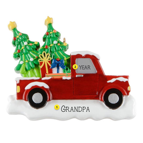 Decorative Christmas ornament of a red truck with Christmas trees and presents on a white background.