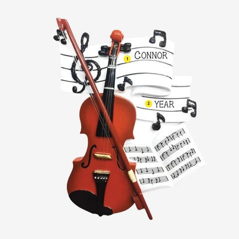 Personalized violin and sheet music ornament with a name and year added to the musical staff behind the violin.