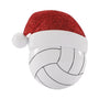 Volleyball ornament wearing a red glitter Santa hat.