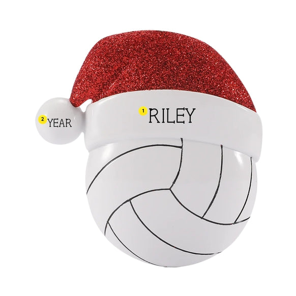 Personalized volleyball ornament with a name on the Santa hat and year on the hat pom-pom.