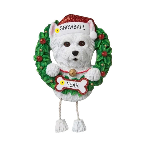 Personalized Westie ornament example with name on Santa hat and year on bone-shaped plaque