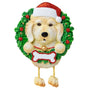Personalized White Labradoodle ornament with Santa hat, Christmas wreath, and blank bone-shaped name plaque