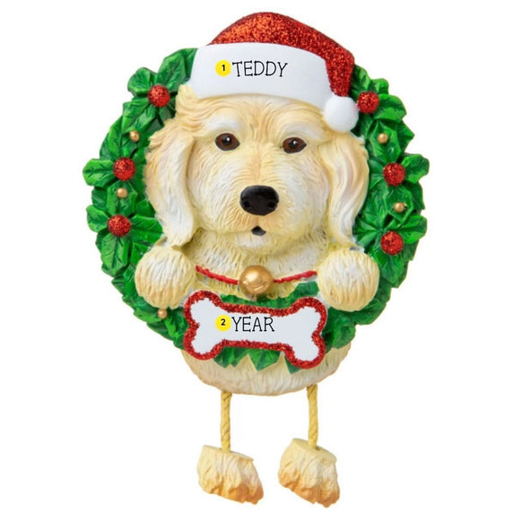Personalized White Labradoodle ornament example with name on Santa hat and year on bone-shaped plaque