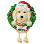 Personalized White Labradoodle ornament example with name on Santa hat and year on bone-shaped plaque
