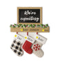 Personalized “We’re expecting” mantel ornament with Dad, Mom, and Baby written on the stocking cuffs, a baby name or family name on the mantel, and the year added at the side.