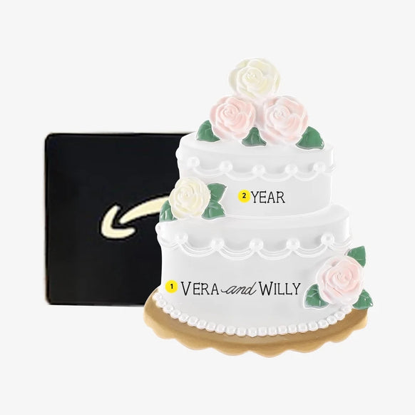 Personalized wedding cake money holder ornament with the couple’s names on the bottom tier and year on the top tier.