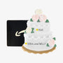 Personalized wedding cake money holder ornament with the couple’s names on the bottom tier and year on the top tier.