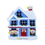 Decorative house ornament with family members and personalized names on a white background