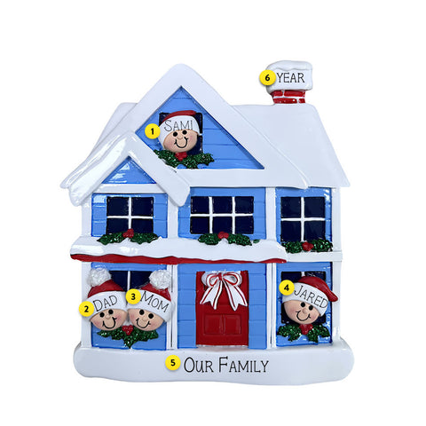 Decorative house ornament with family members and personalized details on a white background