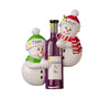 Personalized wine bottle couple ornament with two smiling snowmen, names on their hats, a year on the bottle neck, and “Cheers To Us” on the label.