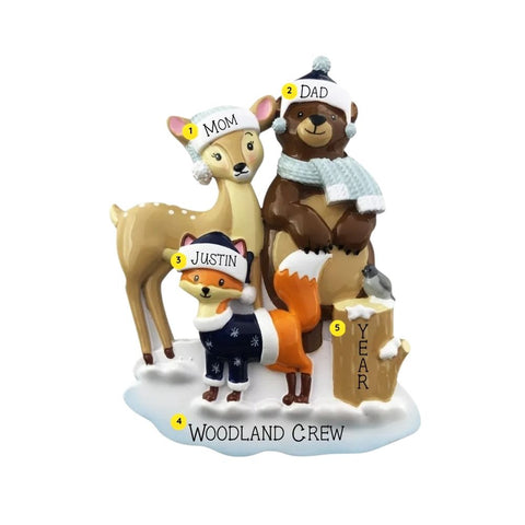 Woodland animal family of 3 ornament personalizing example with three names, family title, and year