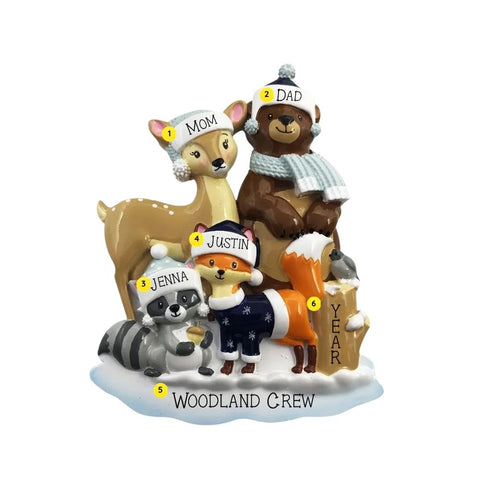Woodland animal family of 4 ornament personalizing example with four names, family title, and year