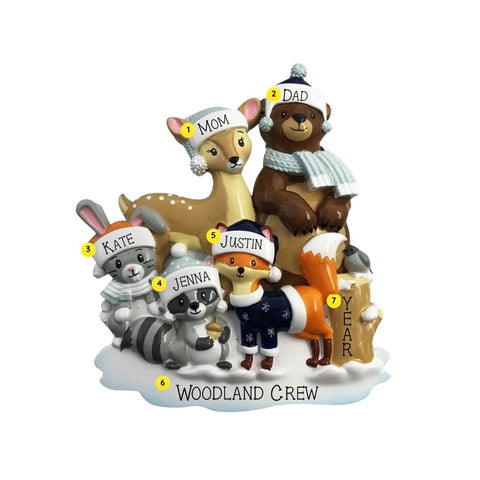 Woodland animal family of 5 ornament personalizing example with five names, family title, and year