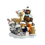 Personalized woodland animal family of 5 ornament with deer, bear, bunny, fox, and raccoon in winter hats on a snowy base