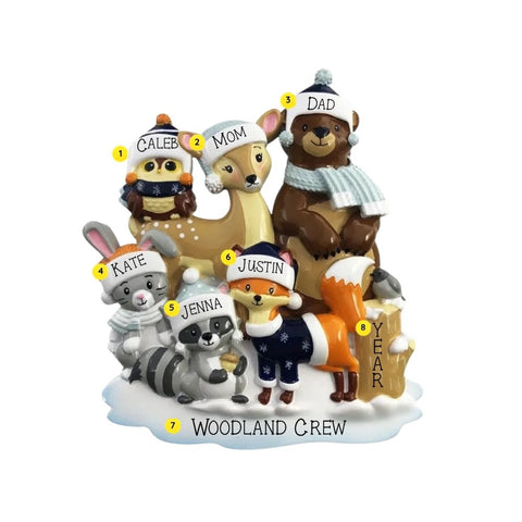 Woodland animal family of 6 ornament personalizing example with six names, family title, and year