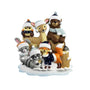 Personalized woodland animal family of 6 ornament with owl, deer, bear, bunny, fox, and raccoon in winter hats on a snowy base