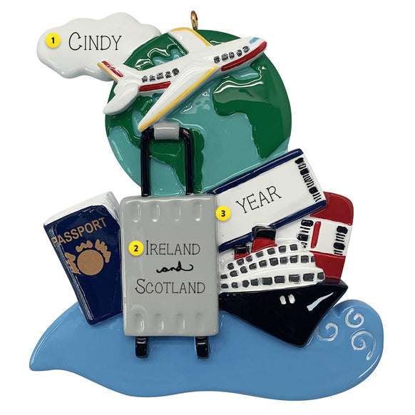 Decorative ornament with travel-themed items including an airplane, globe, suitcase, passport, and cruise ship.
