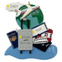 Decorative ornament with travel-themed items including an airplane, globe, suitcase, passport, and cruise ship.