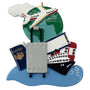 Decorative ornament with airplane, globe, suitcase, passport, and cruise ship on a white background