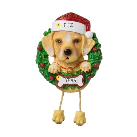 Personalized Yellow Lab ornament example with name on Santa hat and year on bone-shaped plaque