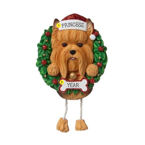 Personalized Yorkie ornament example with name on Santa hat and year on bone-shaped plaque