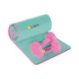 Personalized yoga mat with pink dumbbells ornament with a name on the rolled mat and the year on a dumbbell.