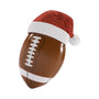 Football ornament wearing a red glitter Santa hat.