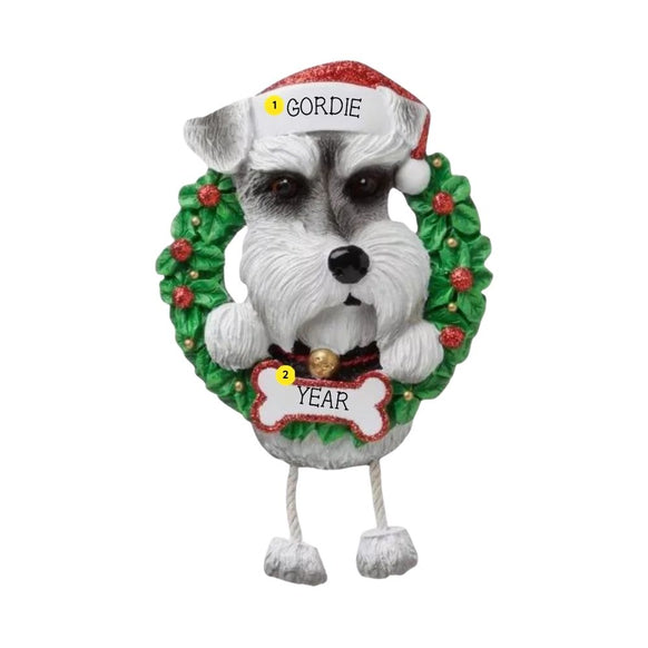 Personalized Schnauzer ornament example with name on Santa hat and year on bone-shaped plaque