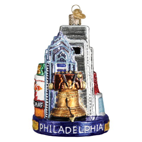 Glass ornament of Philadelphia's iconic landmarks on a white background