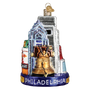 Glass ornament of Philadelphia's iconic landmarks on a white background