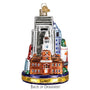 Decorative glass ornament of a Philadelphia cityscape with tall buildings on a white background