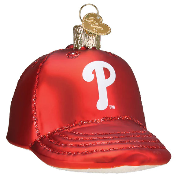 Red baseball cap ornament with a white 'P' logo on a white background
