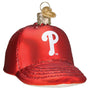 Red baseball cap ornament with a white 'P' logo on a white background